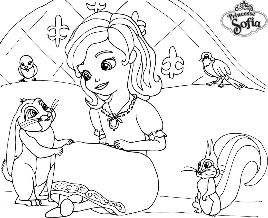 Coloriage Princesse Sofia Sur Son Lit Avec Un Lapin - Princesse sofia à imprimer